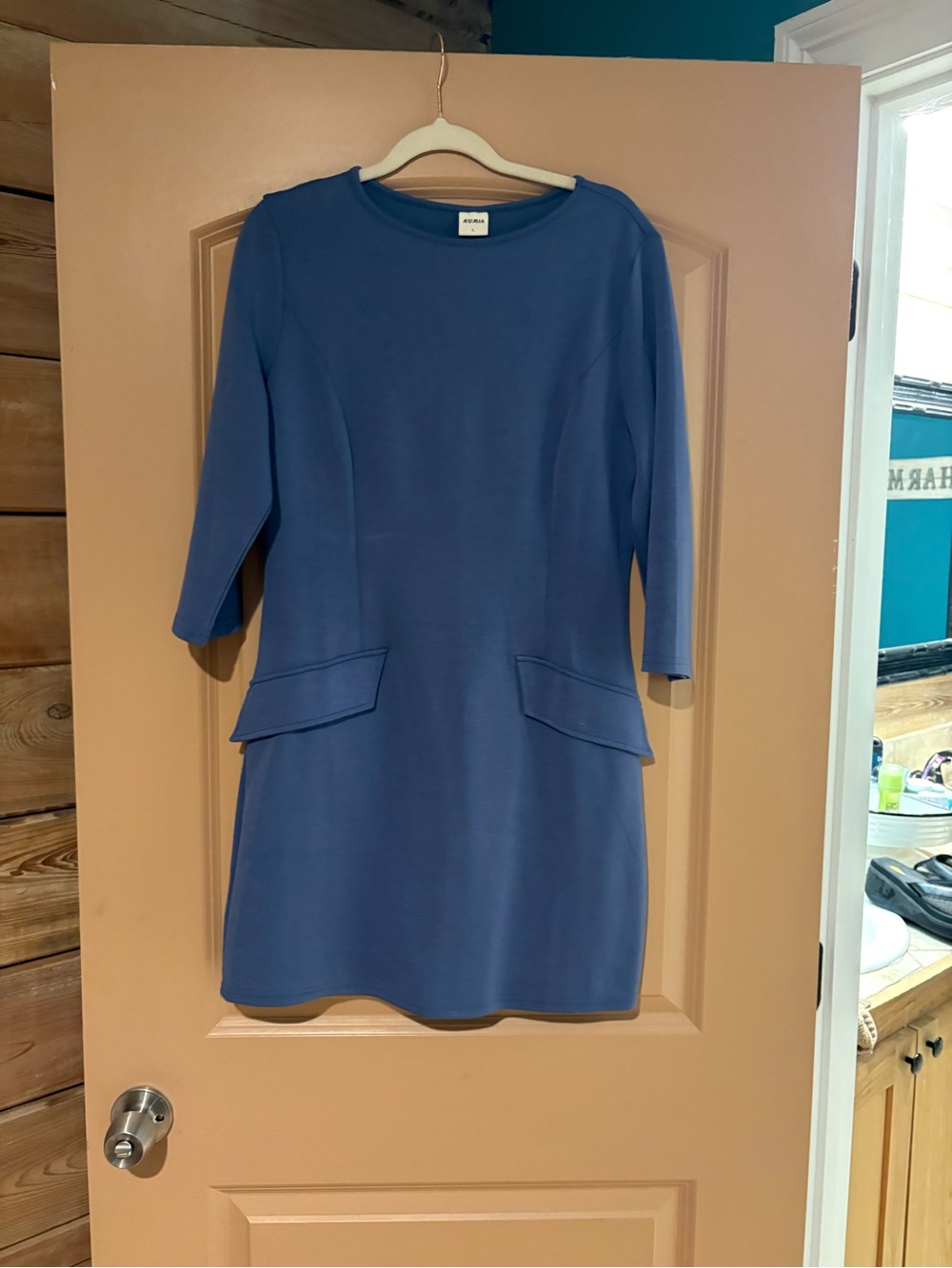 Rumia Women's Slate Blue Shift Dress with Flap Pockets